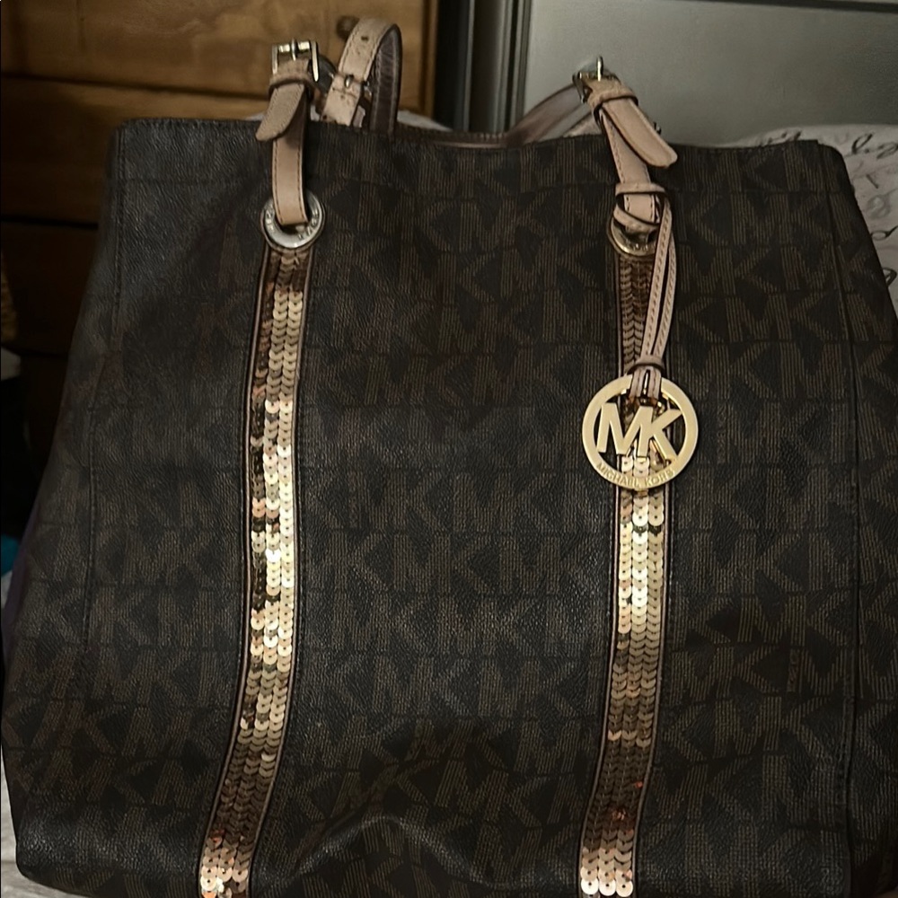 Michael Kors Brown and Gold Tote Bag with Signature Monogram